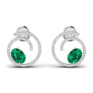 Ivana Jewels Earrings White Gold / 14KT OVAL Coloured Stone & Round Diamond Earring